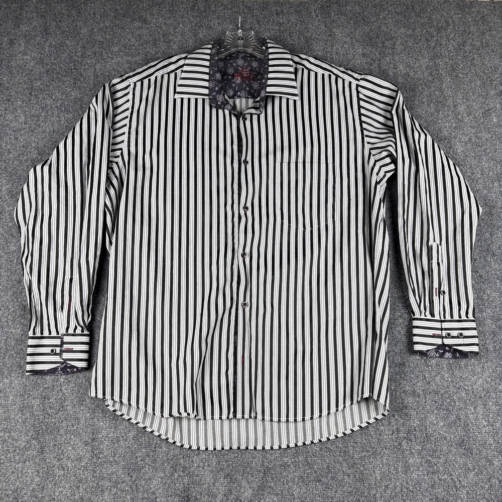 Marcello Sport Mens XL Black White Vertical Stripe Dress Shirt Floral Accent